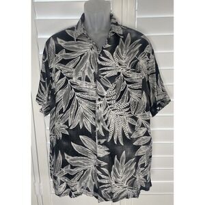 Tasso Elba Island Hawaiian Floral Silk Linen Black Button Down Shirt Men's XL‎